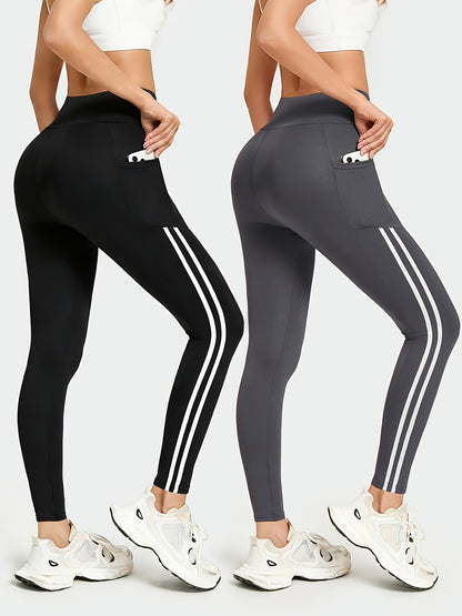 2pcs Set High-Waisted Yoga Leggings, Double-Stripe Design with Pockets, Ultra-Stretch, Comfortable & Machine Washable, Yoga & Fitness Workouts, All-Season Wear | Fashion Activewear | High-Stretch Fabric