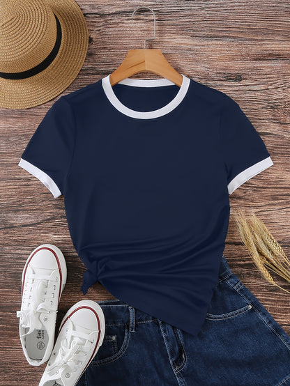 Short-Sleeved T-Shirt with Contrast Trim, a Casual Crew Neck Top Suitable for Spring And Summer, Designed for Women