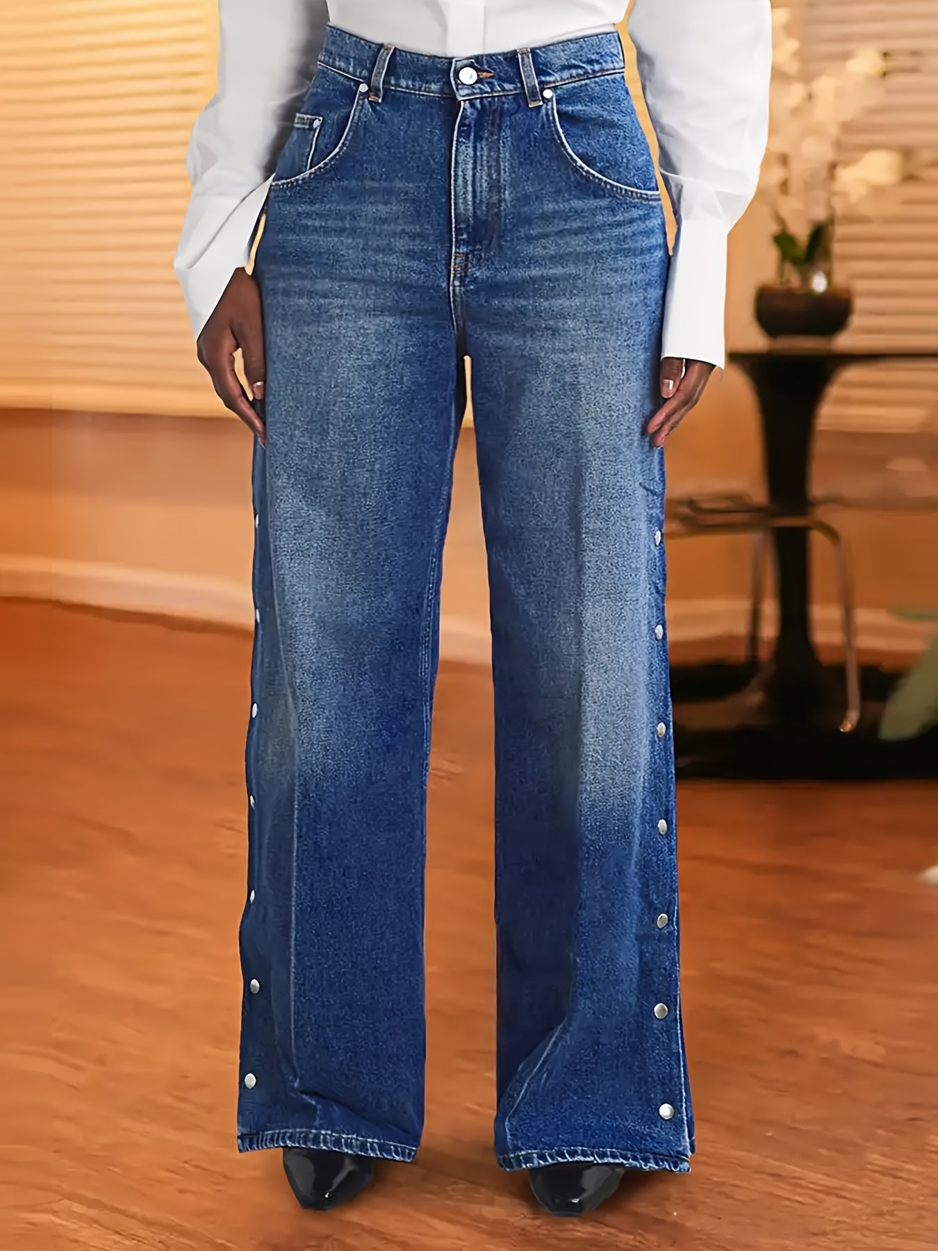 Wide Leg Denim Jeans with Side Snap Buttons, High Rise, Classic Blue Wash