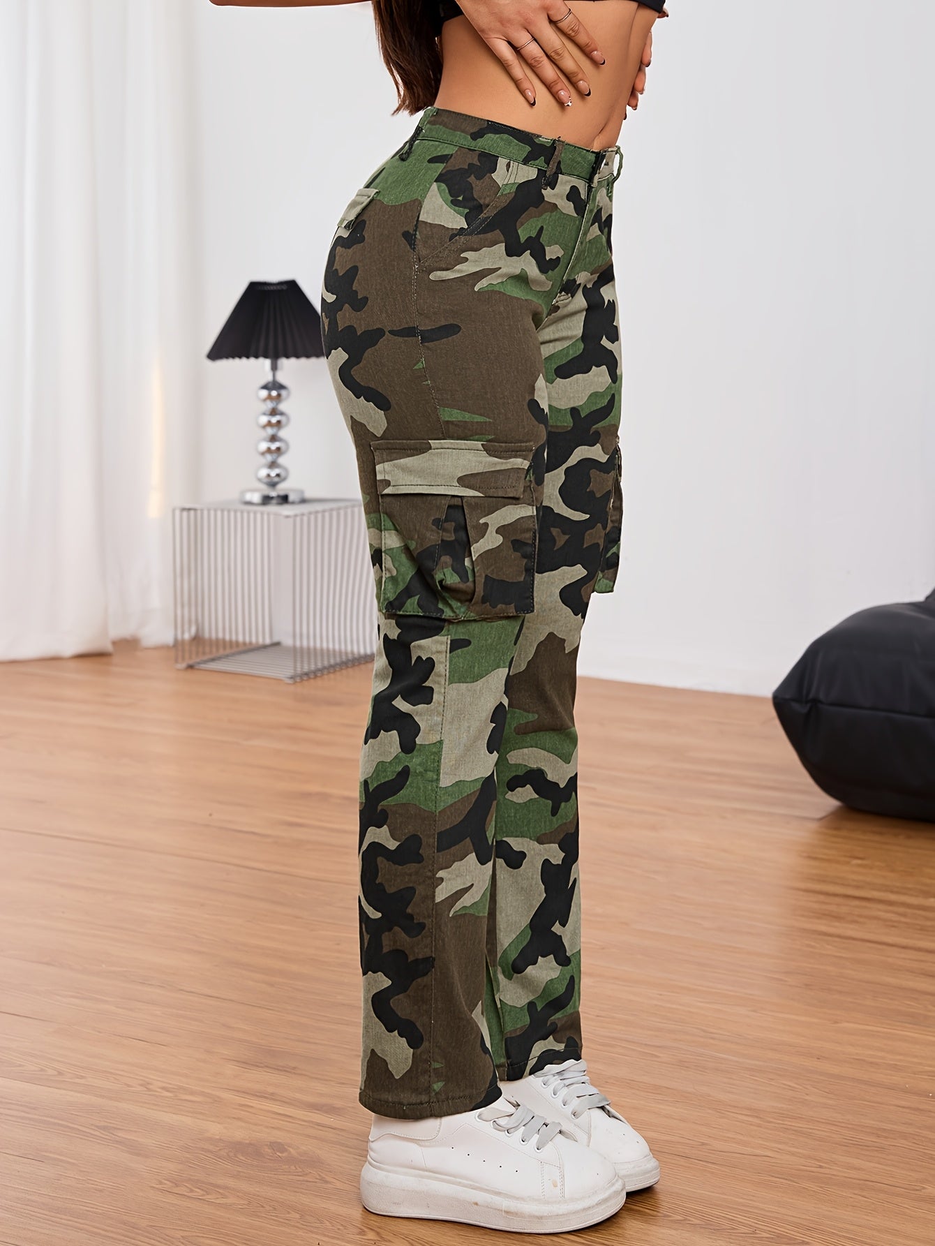 Women'S Camo Cargo Jeans with Pockets - Casual High Stretch Denim Pants, All-Season Comfort, Camouflage Pattern, Fabric