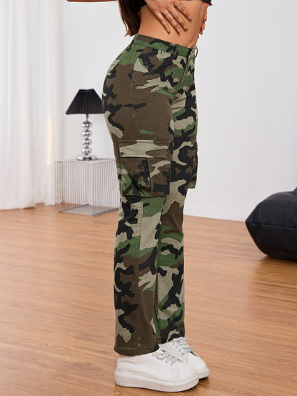 Women'S Camo Cargo Jeans with Pockets - Casual High Stretch Denim Pants, All-Season Comfort, Camouflage Pattern, Fabric