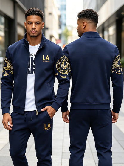 Men'S Casual Sporty Zip-Up Jacket And Joggers Set - Striped, Polyester, Spring/Fall Collection
