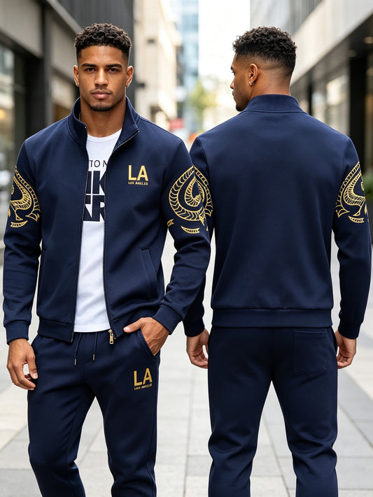 Men'S Casual Sporty Zip-Up Jacket And Joggers Set - Striped, Polyester, Spring/Fall Collection