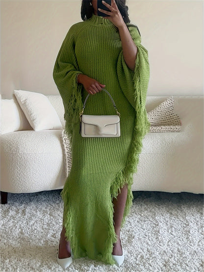 Gifts for Her, Fringe Trim Sweater Dress for Women, Batwing Long Sleeve High Neck Maxi Dress with Asymmetrical Hem, Sexy And Chic Style, for Fall Winter