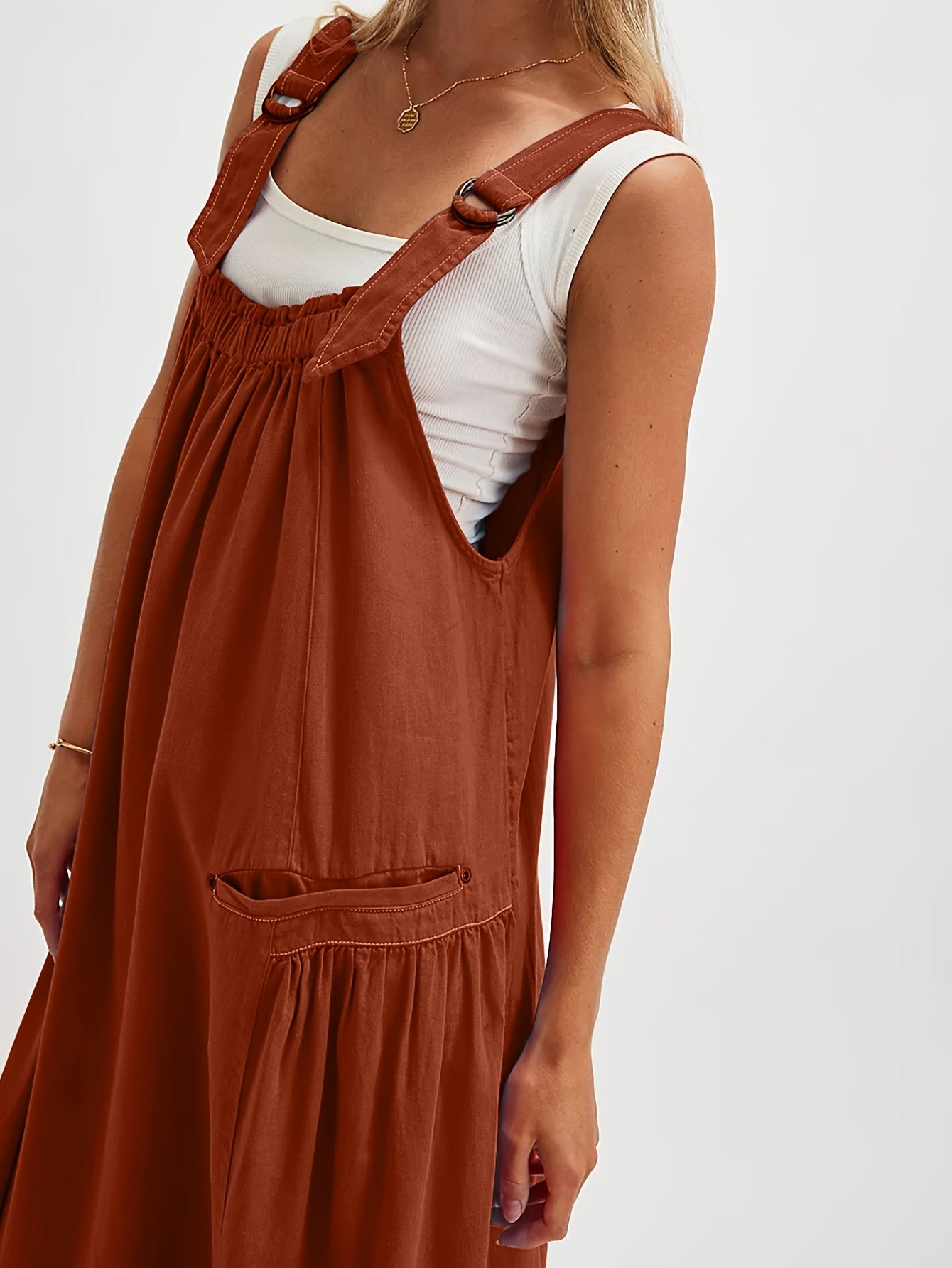 [Loose Midi Dress] Women's Loose Adjustable Strap Midi Overall Dress with Big Pockets in Workwear Style