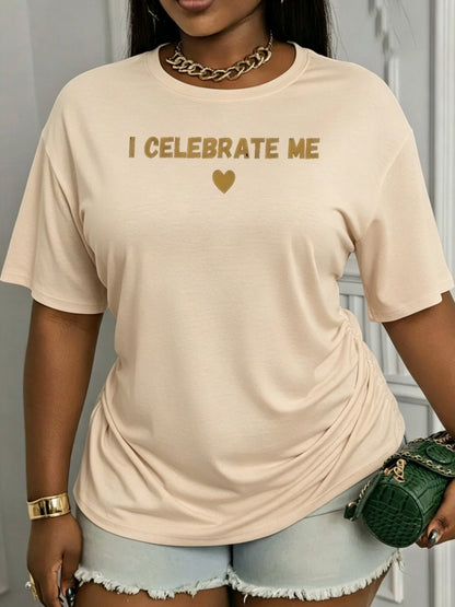 Plus Size - Fun I CELEBRATE ME, Heart Printed Women'S Plus Size T-Shirt, Cute Casual Outdoor Spring Summer Style, Holiday Party Wear, Loose Fit for Comfort, Women'S Printed Short Sleeve Plus Size T-Shirt Top