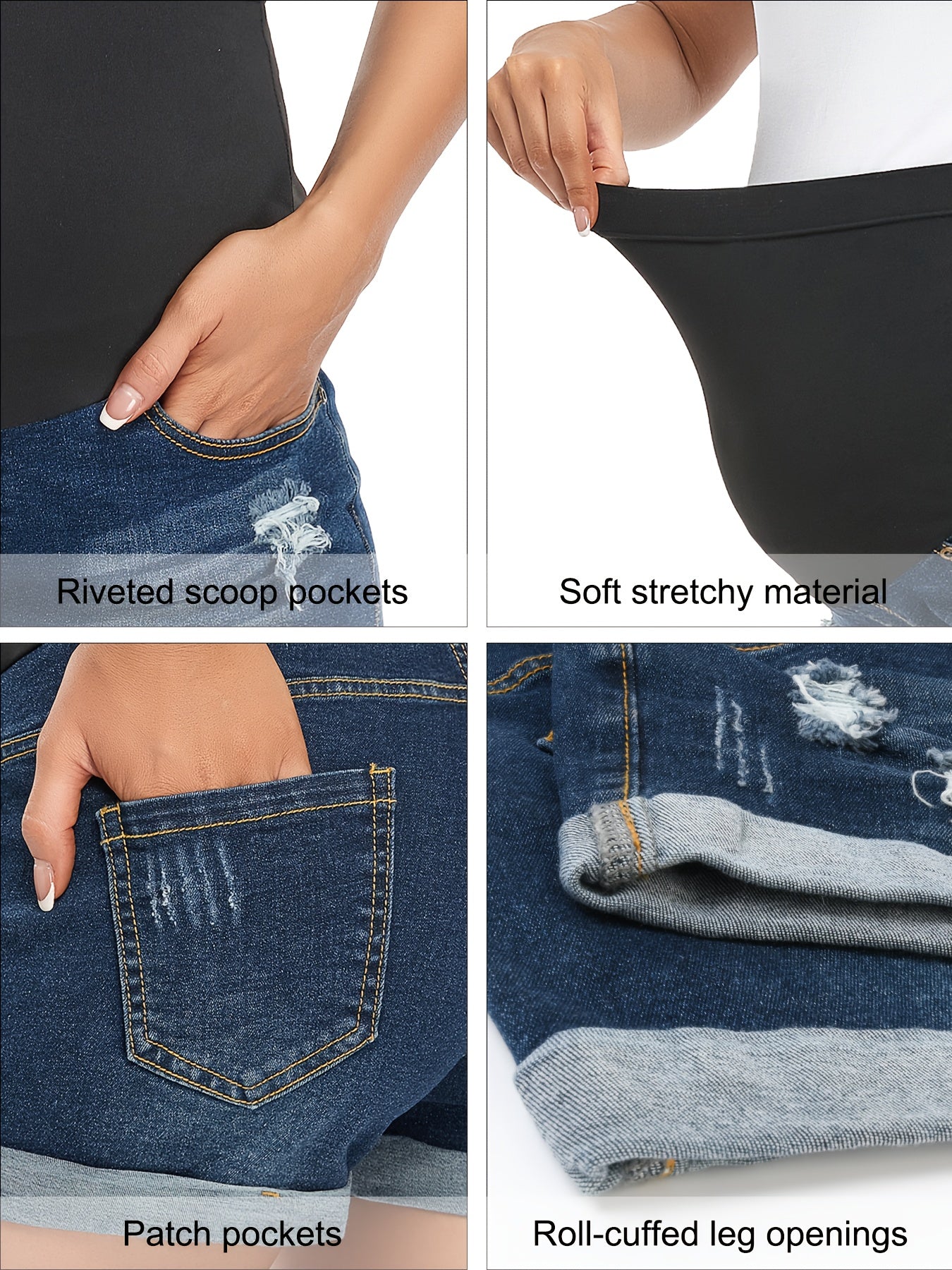 Women's Maternity Jean Shorts Over Belly Ripped Roll Up Hem Stretchy Denim Shorts Clothes For Summer Pregnancy