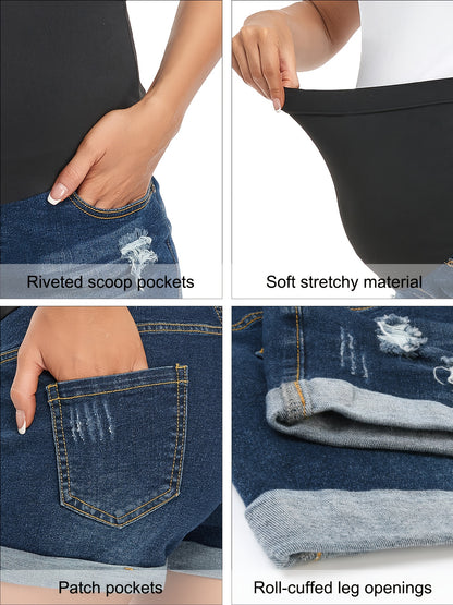 Women's Maternity Jean Shorts Over Belly Ripped Roll Up Hem Stretchy Denim Shorts Clothes For Summer Pregnancy