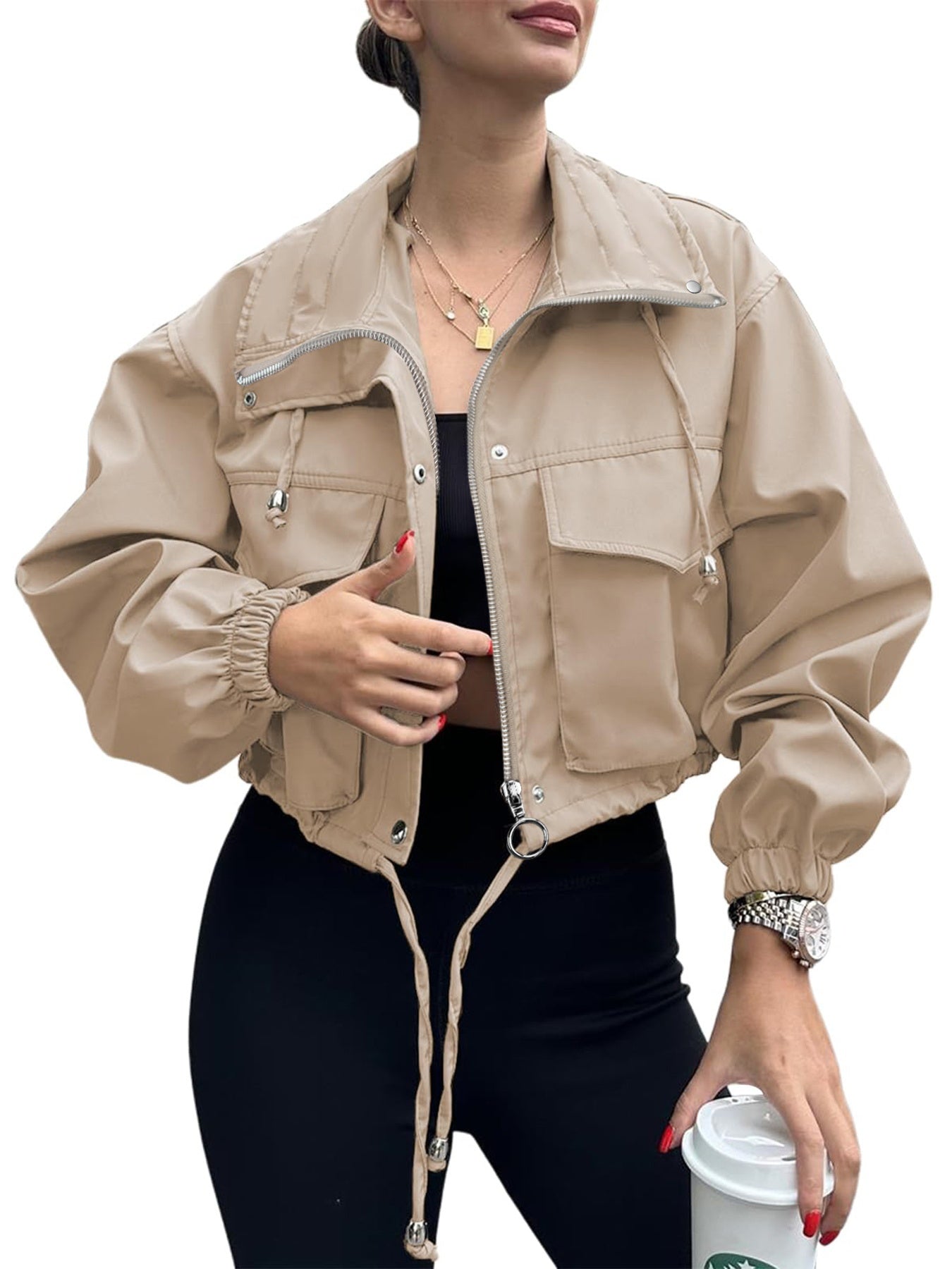 Women'S Cropped Jacket Zip Up Lightweight Oversized Utility Anorak Coat with Pockets