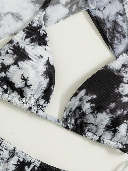 Tie-dye Pattern Long-sleeve Cutout Cover-up Three-piece Strap-decorated Women'S Bikini Set | Eye-catching Style, Halter Neck, Slight Stretch Fabric, Lace-up Details, Suitable for Beach Vacation, Summer Coastal Exquisite Item