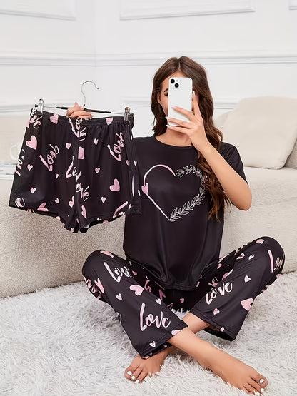 3pcs Pajama Set with Top + Shorts + Trousers, Round Neck And Hooded Print, Suitable for Wearing Outside