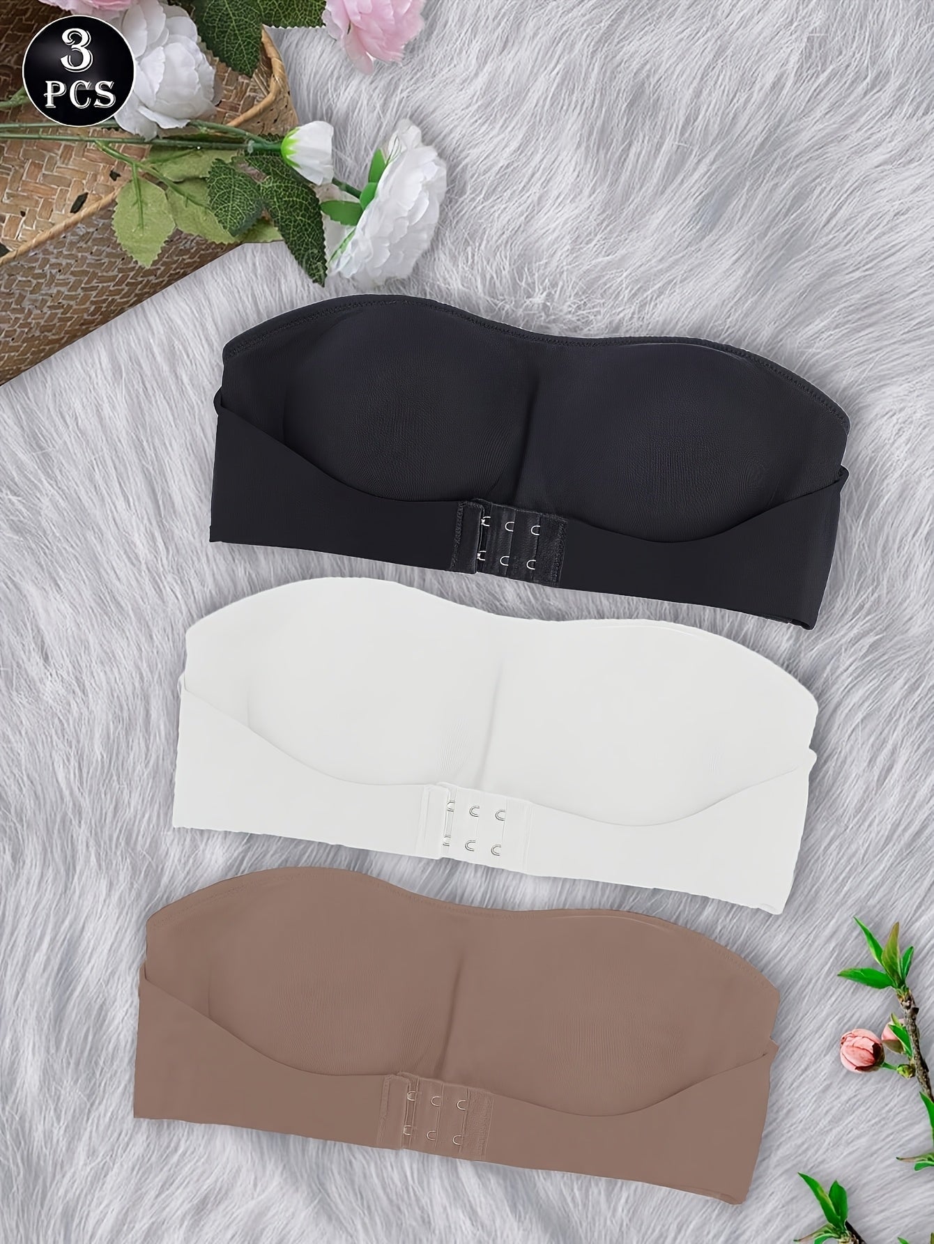 3pcs Strapless Bandeau Bra, Front Button No Wire Bra, Summer Seamless Bra, Solid Color Seamless Bra, Sexy And Comfortable Push-up Bra, Women's Smooth Backless Top Underwear, Women's Lingerie Bra