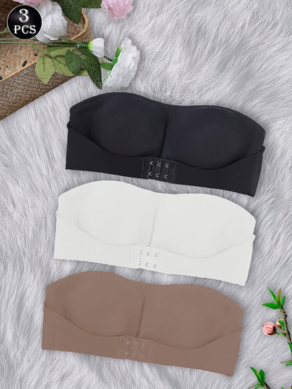 3pcs Strapless Bandeau Bra, Front Button No Wire Bra, Summer Seamless Bra, Solid Color Seamless Bra, Sexy And Comfortable Push-up Bra, Women's Smooth Backless Top Underwear, Women's Lingerie Bra