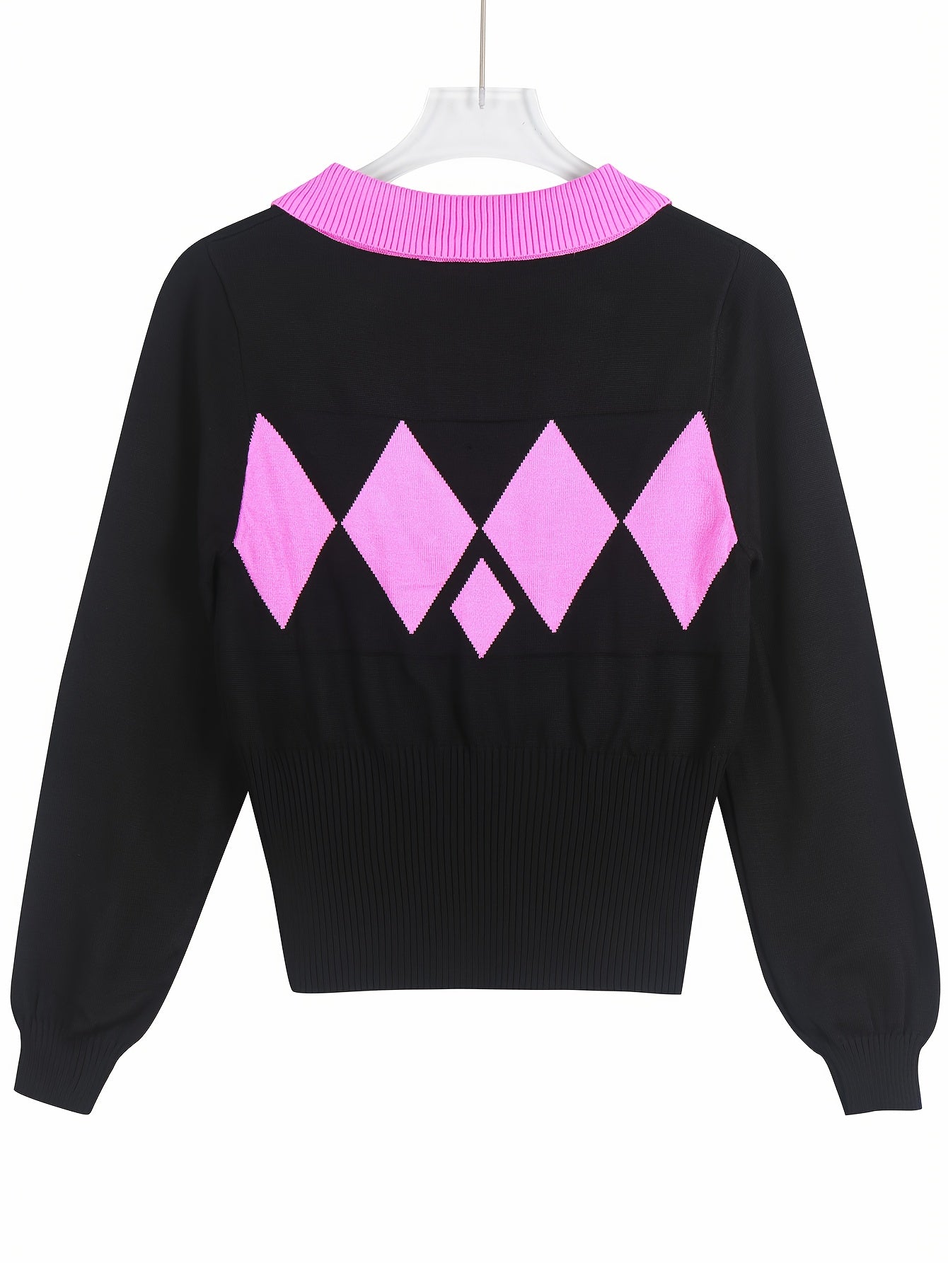 Women'S Elegant Sweater Lapel Diamond Plaid Knitwear Black And White Color Collision Long Sleeve Pullover Fashion Chic Lazy Wind Tops For Office, Party, Daily Wear - Fall And Winter Women'S Trend Tops