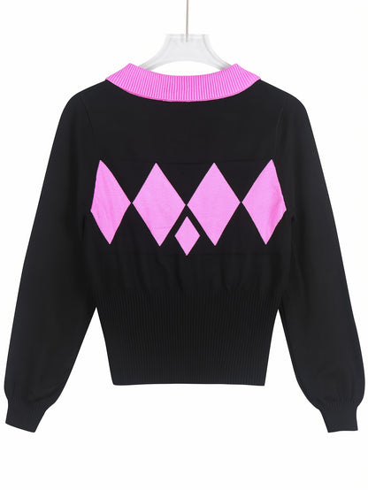 Women'S Elegant Sweater Lapel Diamond Plaid Knitwear Black And White Color Collision Long Sleeve Pullover Fashion Chic Lazy Wind Tops For Office, Party, Daily Wear - Fall And Winter Women'S Trend Tops