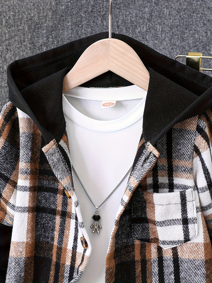 2pcs, Autumn And Winter New Boys' Long-Sleeve Plaid Cardigan Suit Boys' Puff Hooded Jacket Boys' Fashion Work Pants, for Outdoor