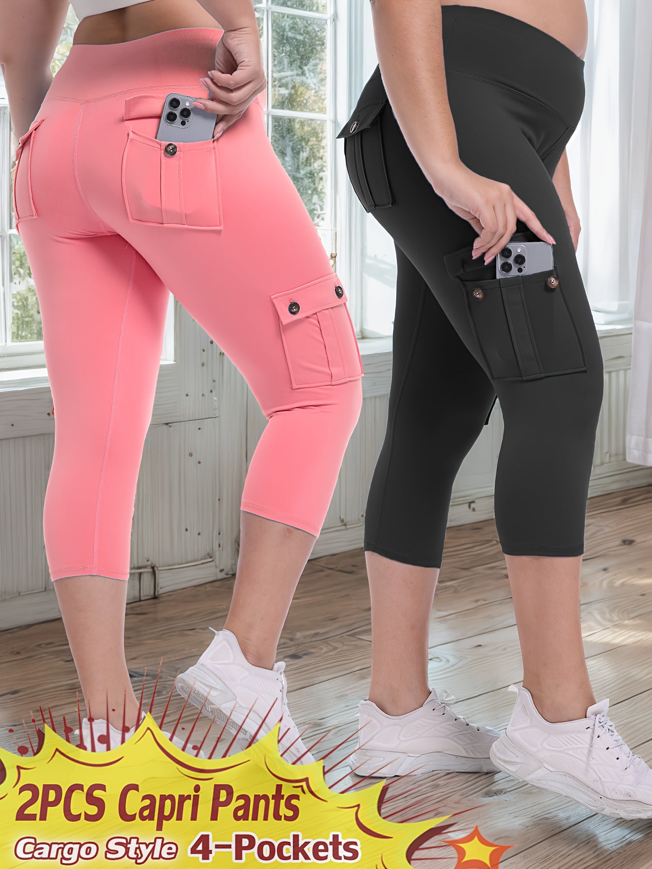 2pcs-Black & Pink High-Waist Leggings - product view 10