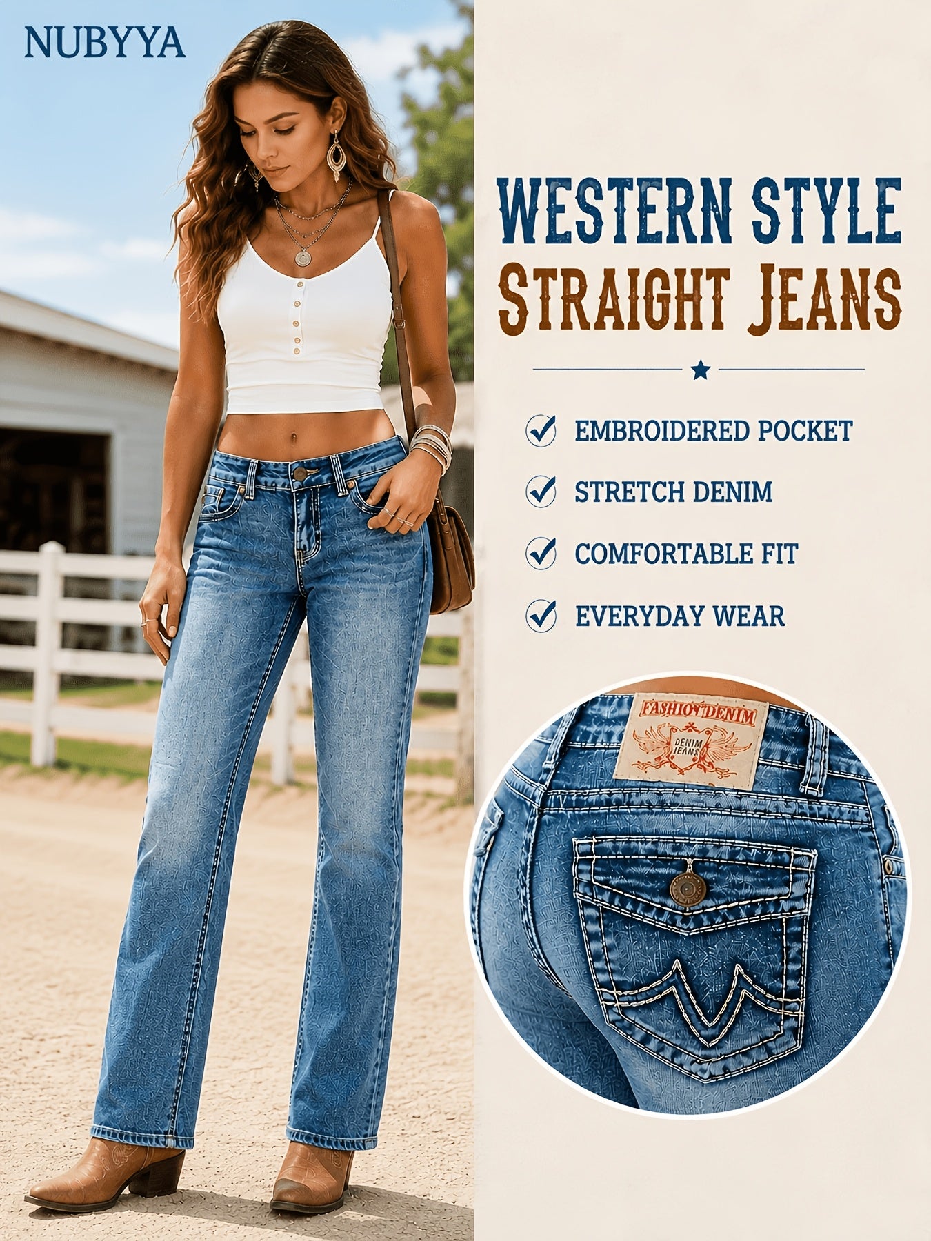Women'S Western Style Straight Leg Jeans, Embroidered Back Pocket, Vintage Washed Stretch Denim Pants, Casual Everyday Wear