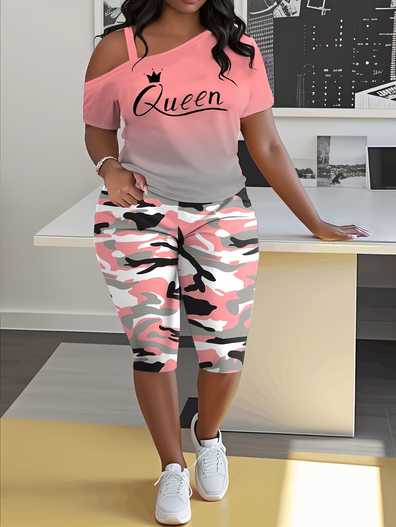 Plus Size - Ladies Fashion Daily Casual Suit, Diagonal Shoulder Camisole Gradient Letter Print Top + Camouflage Capri Pants Design.