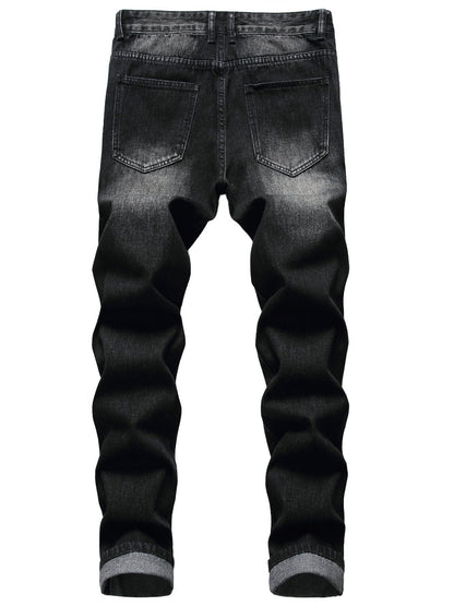 Men's Straight Leg Jeans - Black Denim Distressed