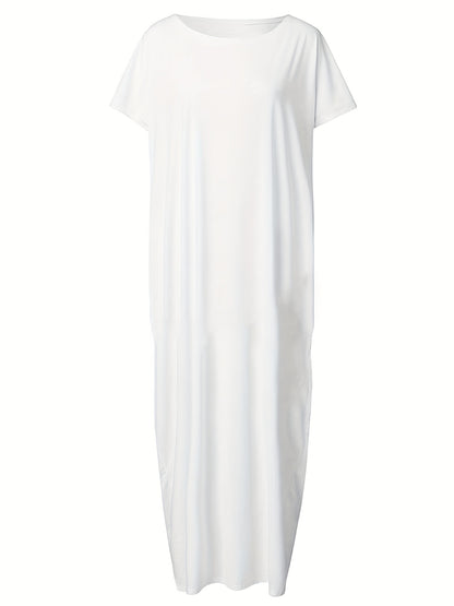 Autumn Winter 1pc Women'S Solid Color Batwing Sleeve Casual Dress, Daily Wear Casual Elegant Comfortable Short Sleeve Loose Pajamas, Four Seasons Women'S Pajamas, Women'S Clothing, Women'S Pajamas- Overseas Printing