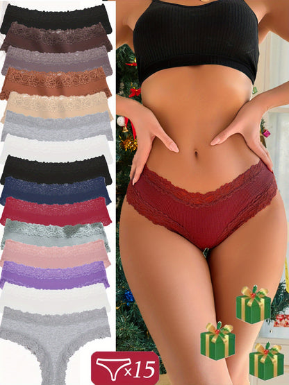 15pcs Lace Women Panties Christmas Gift Underwear Women Briefs Comfortable Female Underpants Solid Color Pantys Lingerie S-XL