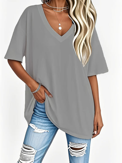 Two-Piece Set, Women'S Casual V-Neck Short-Sleeve Top- Loose Fit Stretchy T-Shirt, Solid Color, Machine Washable, Versatile And Comfortable for Spring And Autumn