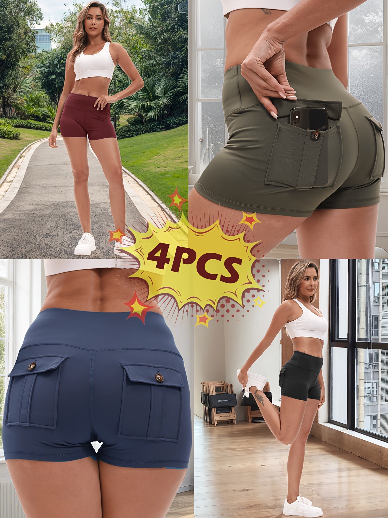 2026 High Stretch Elastic Waist Cargo Shorts Women's Shaping Hip Lifting Quick-Drying Fitness Pants with 2 Pockets 4pcs 2pcs Solid Color Yoga Short Pants Set Game Day Fan Gear for Soccer All Fans