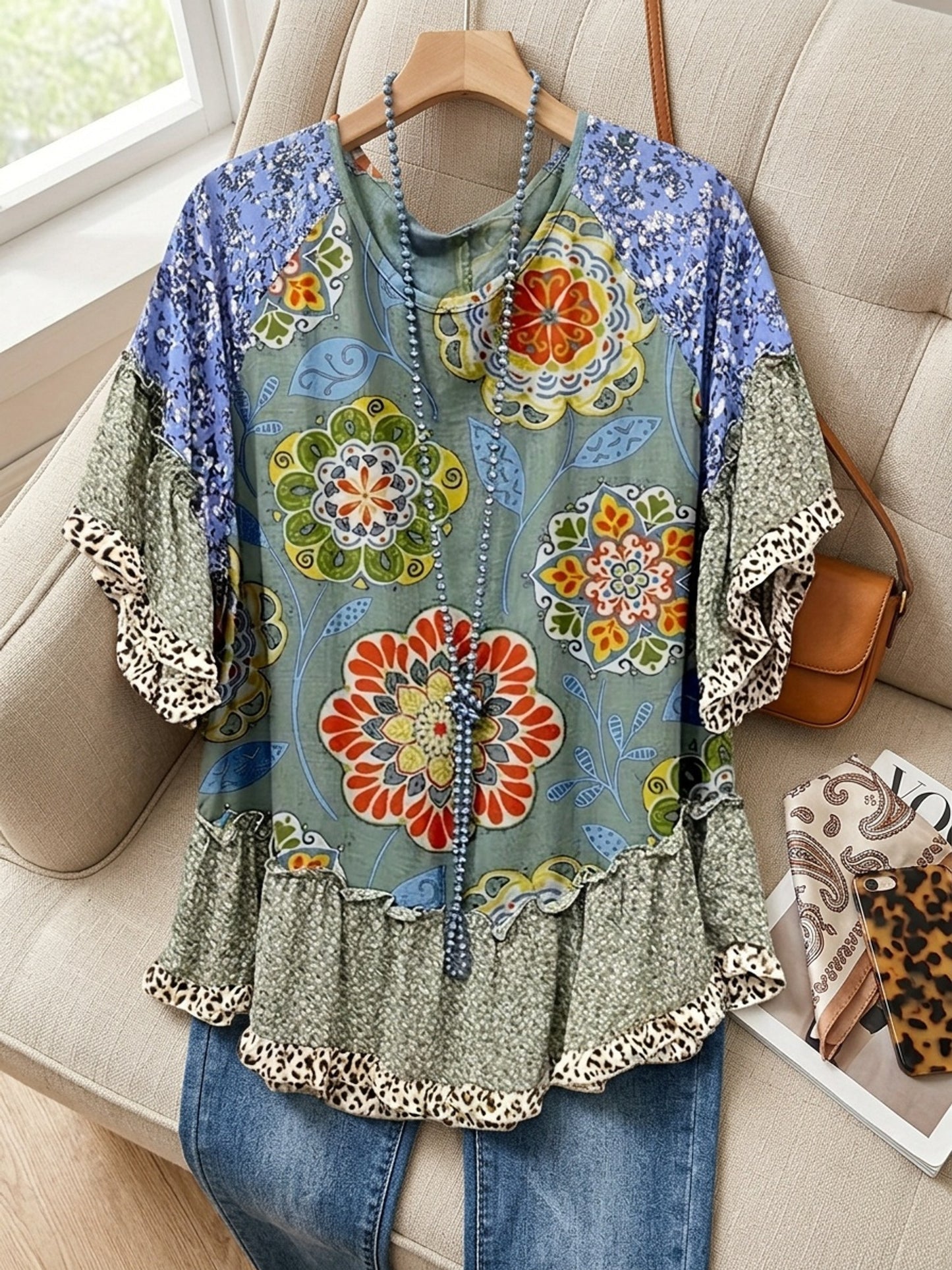 Mixed Floral Print Loose Top, Leopard Print Patchwork, Flared Three-quarter Sleeves, Women's Clothing