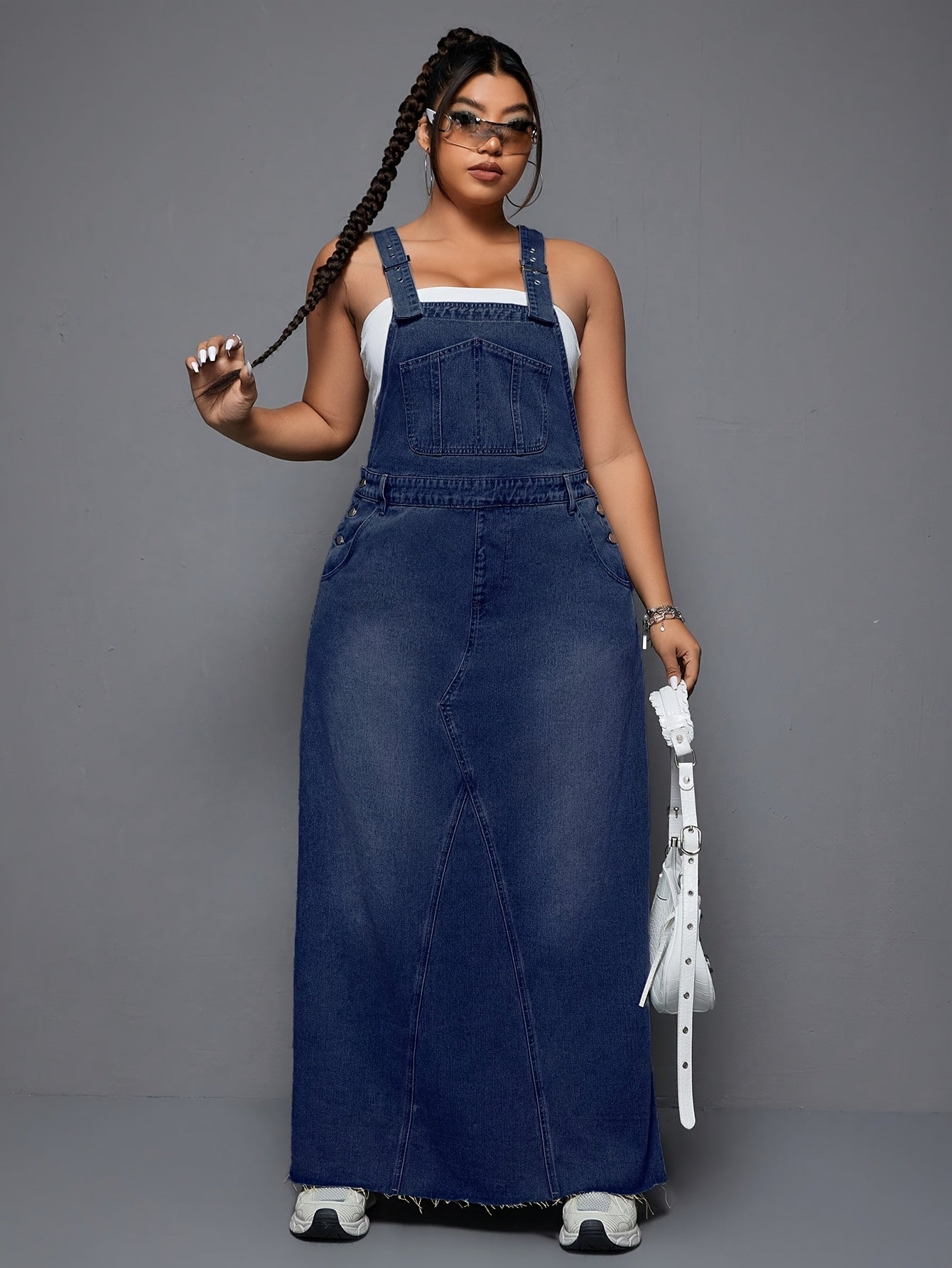 Women's Plus - Size Denim Overall Dress, High - Waisted, Washed & Distressed, Raw Hem, Adjustable Straps, Casual Long Jean Dress