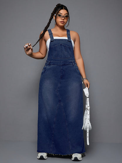 Women's Plus - Size Denim Overall Dress, High - Waisted, Washed & Distressed, Raw Hem, Adjustable Straps, Casual Long Jean Dress