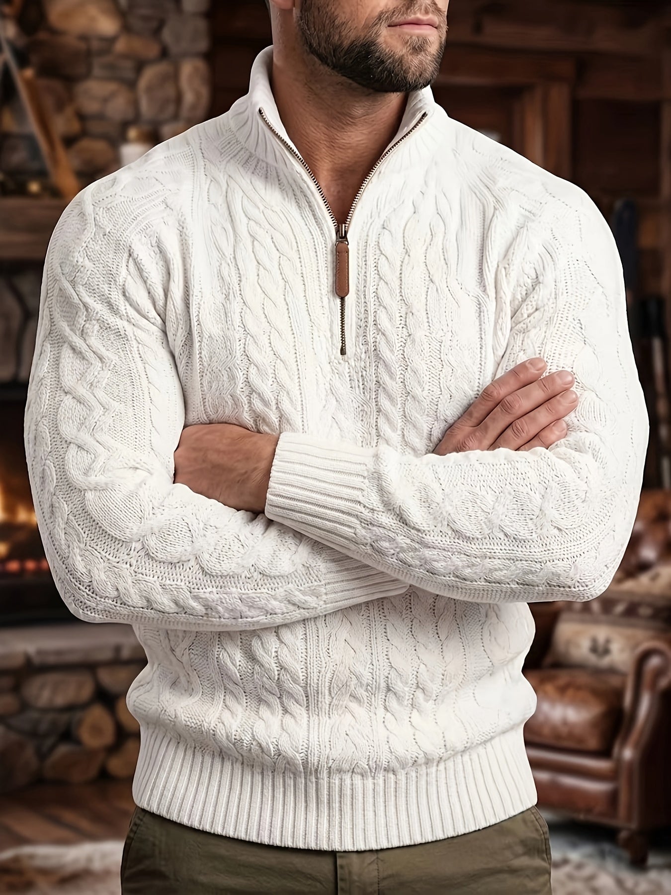 Trendy Half-Zippered Stand-Collar Warm Knitted Sweater with Hemp Pattern