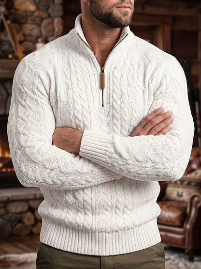 Trendy Half-Zippered Stand-Collar Warm Knitted Sweater with Hemp Pattern