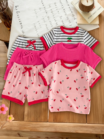 6pcs Set Of Girls' Summer New Cherry Fruit Pattern Short-sleeve And Shorts Comfortable Outfit, Perfect for Outdoor