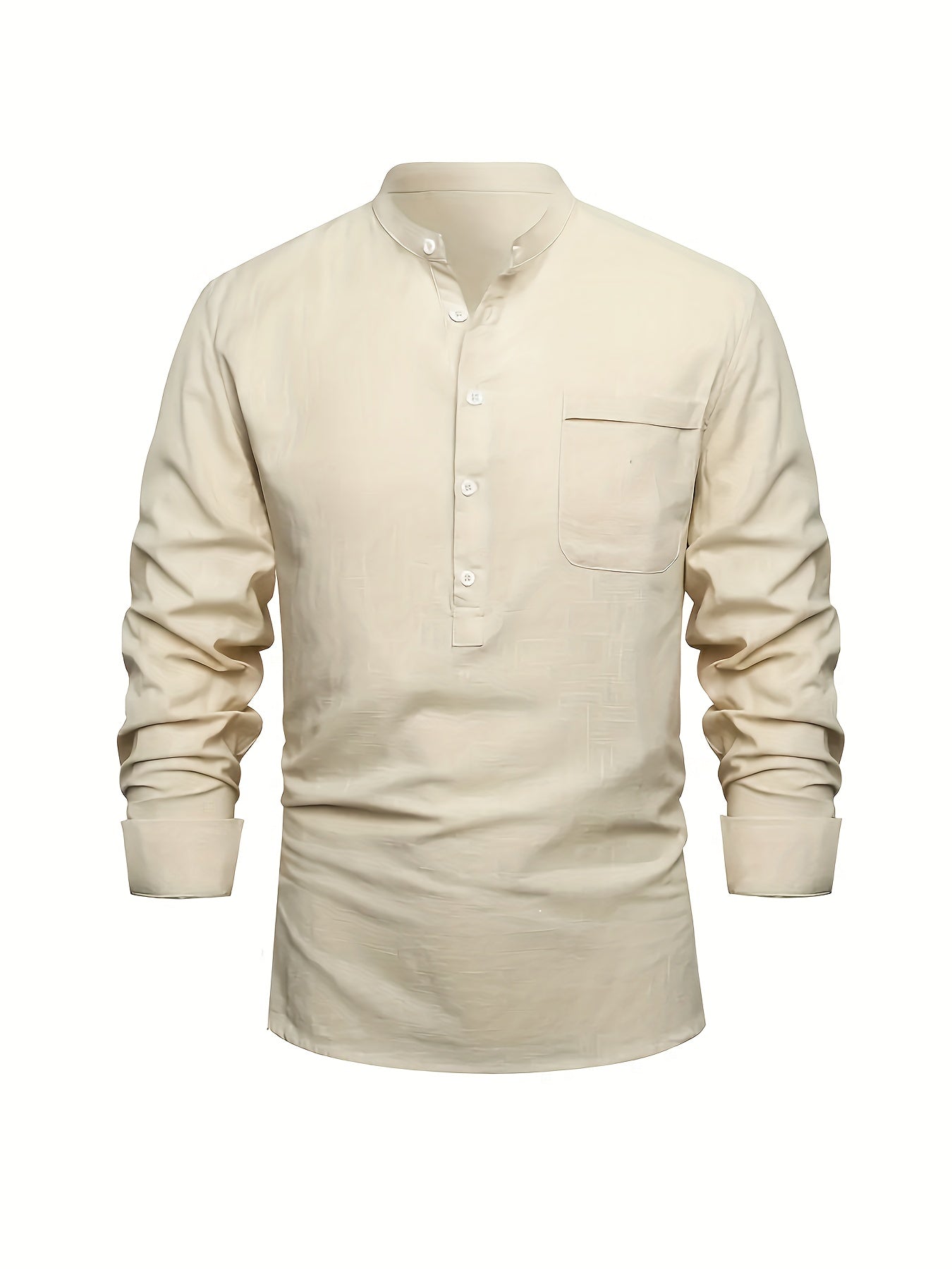 Plus Size Men'S Solid Shirt, Casual Breathable Half Button Cotton Blend Stand Collar Long Sleeve Shirt For Outdoor Activities, Men'S Clothing