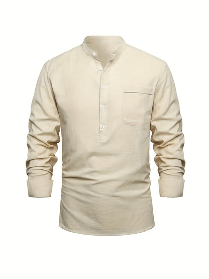 Plus Size Men'S Solid Shirt, Casual Breathable Half Button Cotton Blend Stand Collar Long Sleeve Shirt For Outdoor Activities, Men'S Clothing