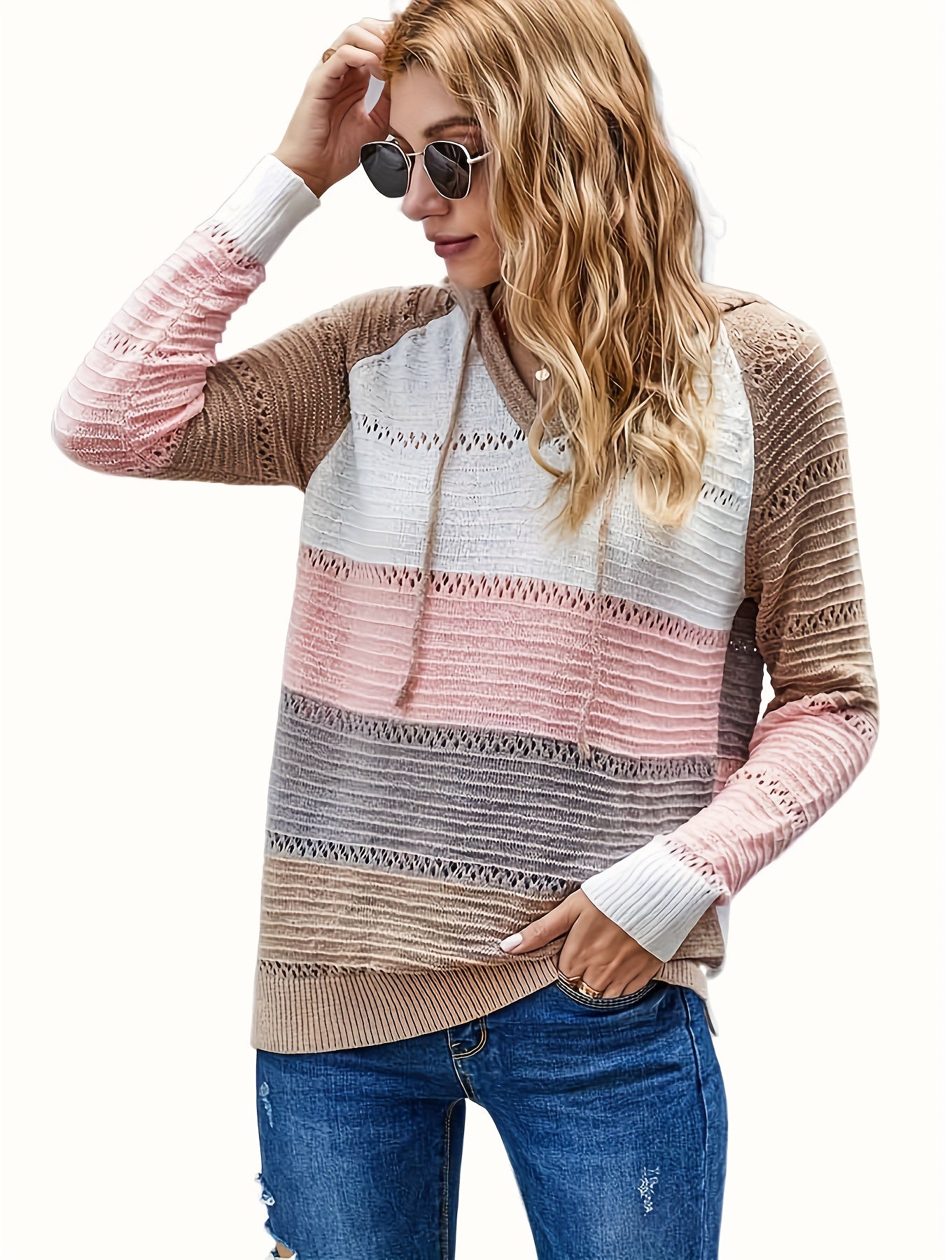 ADilaca Women'S Casual Hoodie Sweatshirt Long Sleeve Color Block Striped Pullover/Cardigan Top Outdoor Daily Wear