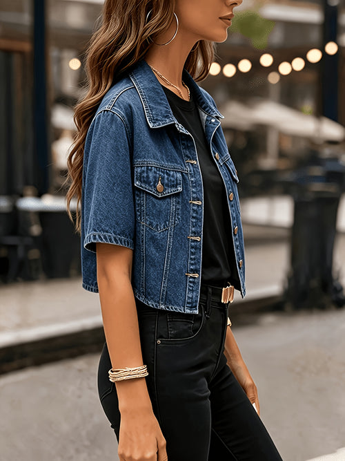 [Women's Denim Jacket] 2026 New Women's Denim Jacket, Dark Blue Regular-Fit Short Denim Jacket, Vintage-Washed Short Denim Jacket