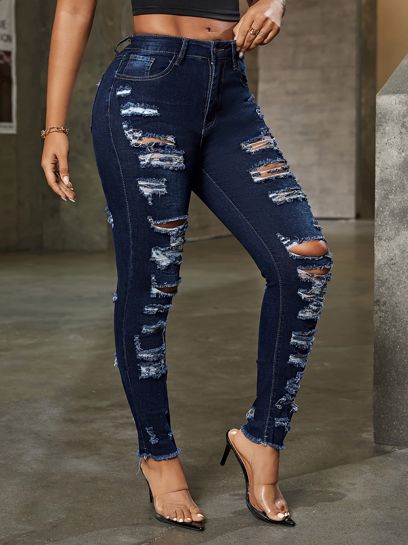 Women's High-Stretch Skinny Jeans with Mid-Rise Waist & Distressed Geometric Torn Details - Semi-Sheer Denim, Machine Washable, All-Season Casual Wear, Low Waisted Jeans, Everyday Fashion, Semisheer Material