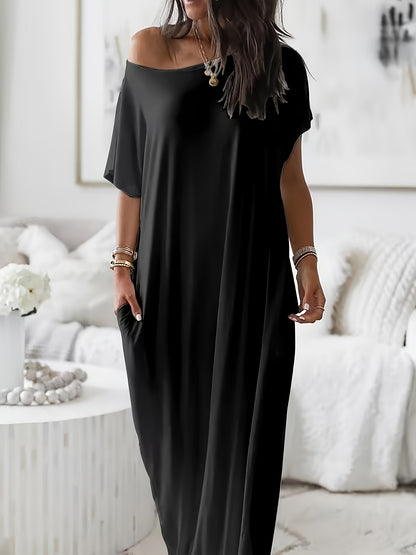 Autumn Winter 1pc Women'S Solid Color Batwing Sleeve Casual Dress, Daily Wear Casual Elegant Comfortable Short Sleeve Loose Pajamas, Four Seasons Women'S Pajamas, Women'S Clothing, Women'S Pajamas- Overseas Printing