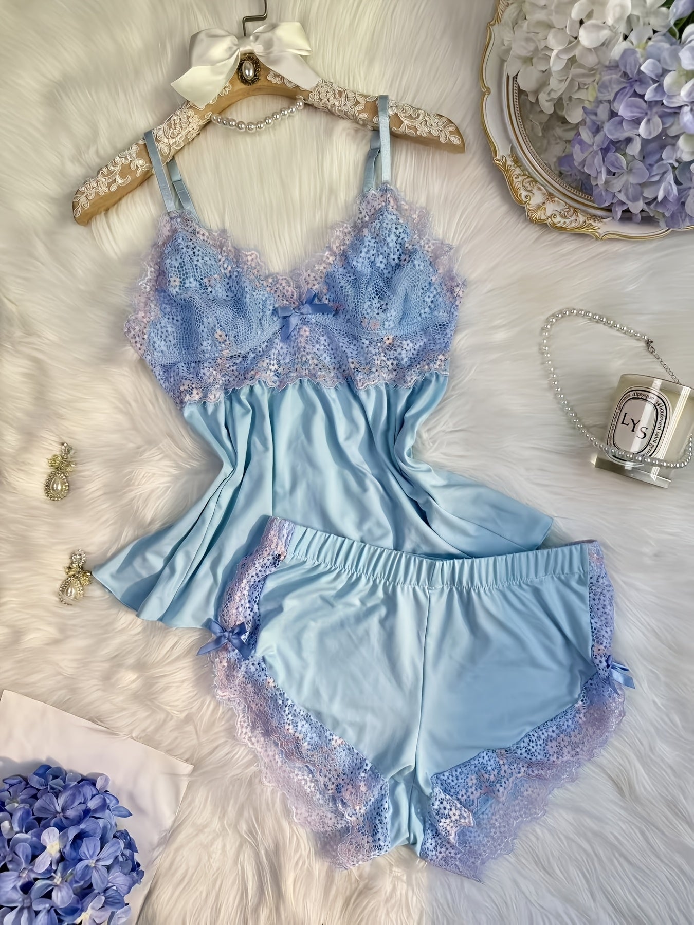 Contrast Color Lace Splicing V-neck Camisole and Double-sided Bow Splicing Casual Shorts | Skin-friendly, Comfortable, Stretchy Fabric, Sexy Style, Suitable for All Seasons