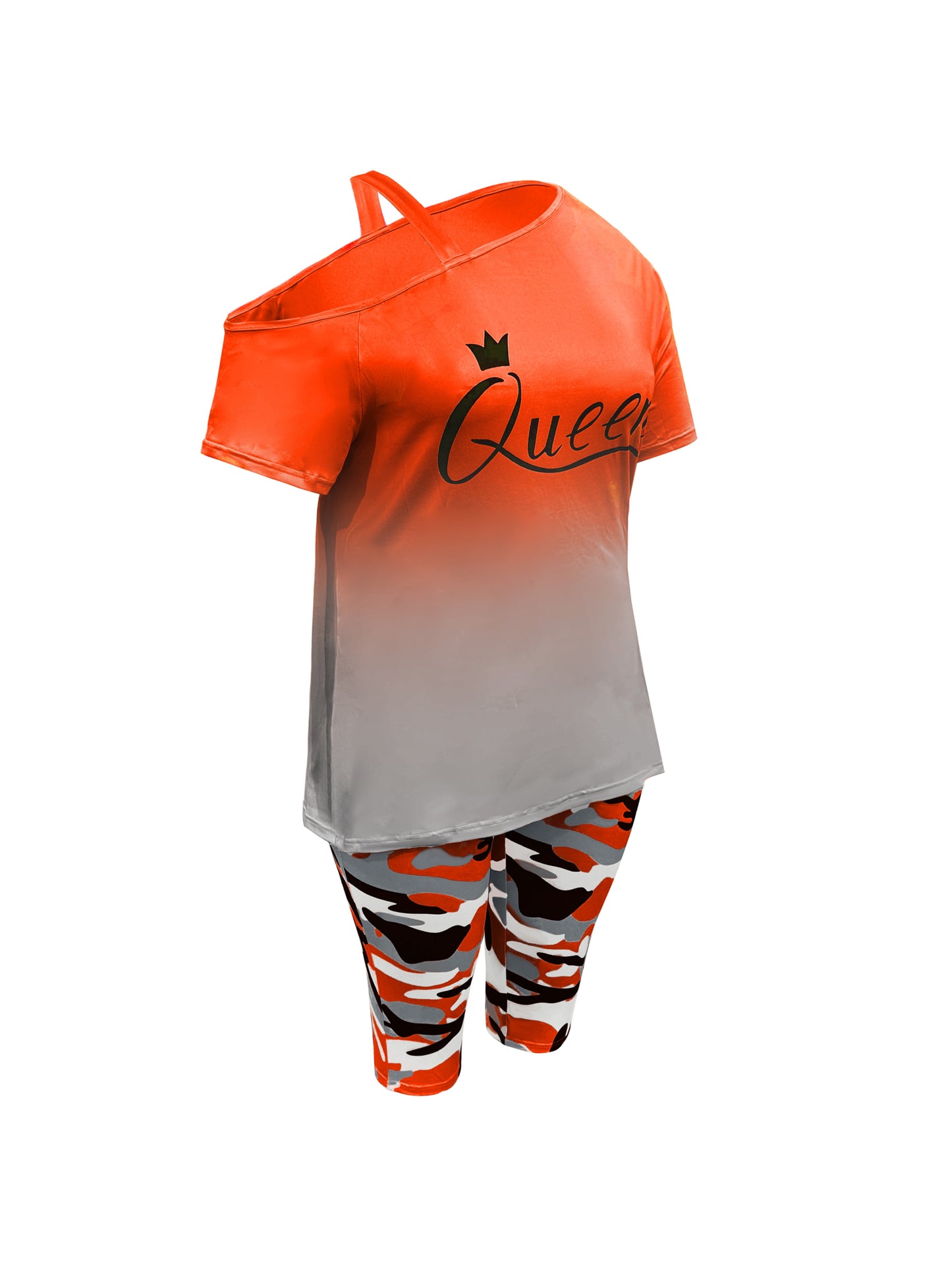 Plus Size - Ladies Fashion Daily Casual Suit, Diagonal Shoulder Camisole Gradient Letter Print Top + Camouflage Capri Pants Design.