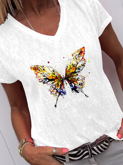 Women's V-Neck Short Sleeve T-Shirt Colorful Butterfly& "Whisper Words Of Wisdom" Print Casual Tee