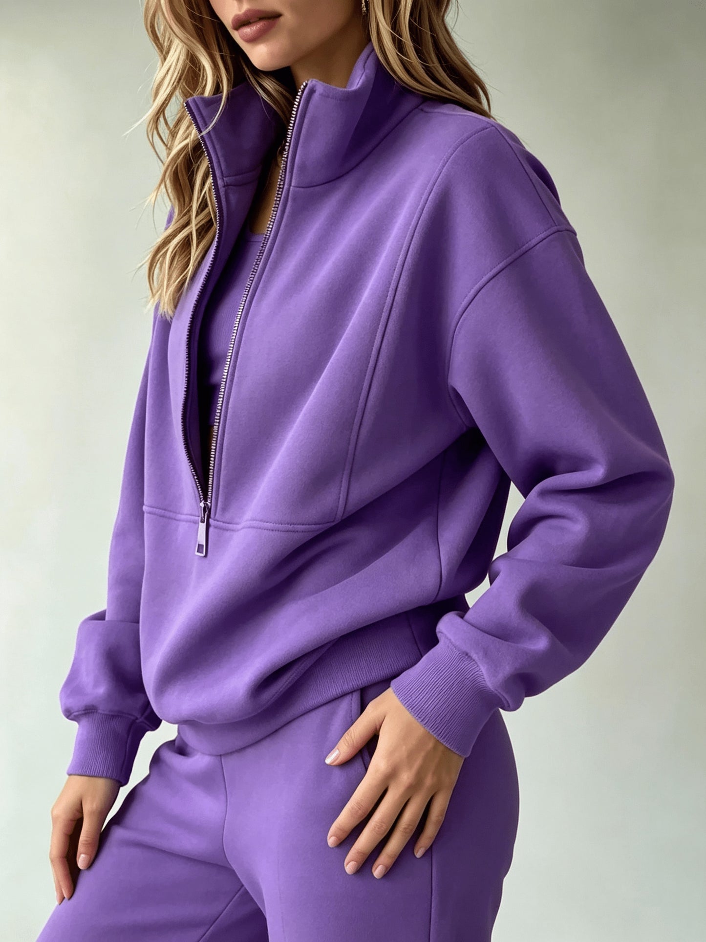 Women'S Matching Outfit, Cozy Fleece Top, Trendy Casual Sportswear for Ladies
