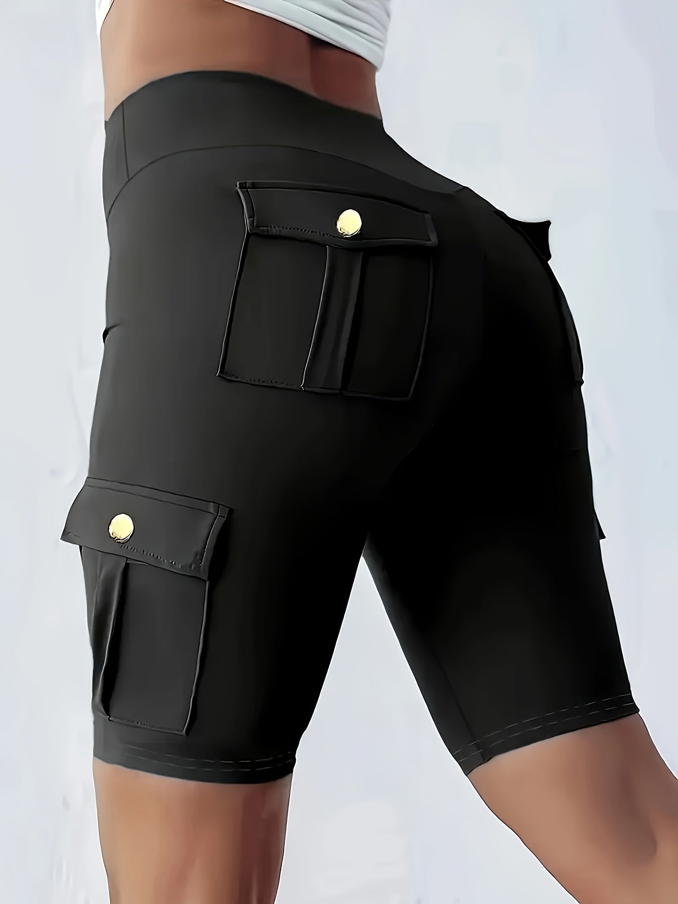 High Waist Women's Solid Color Sports Yoga Tooling Shorts with Pocket Design