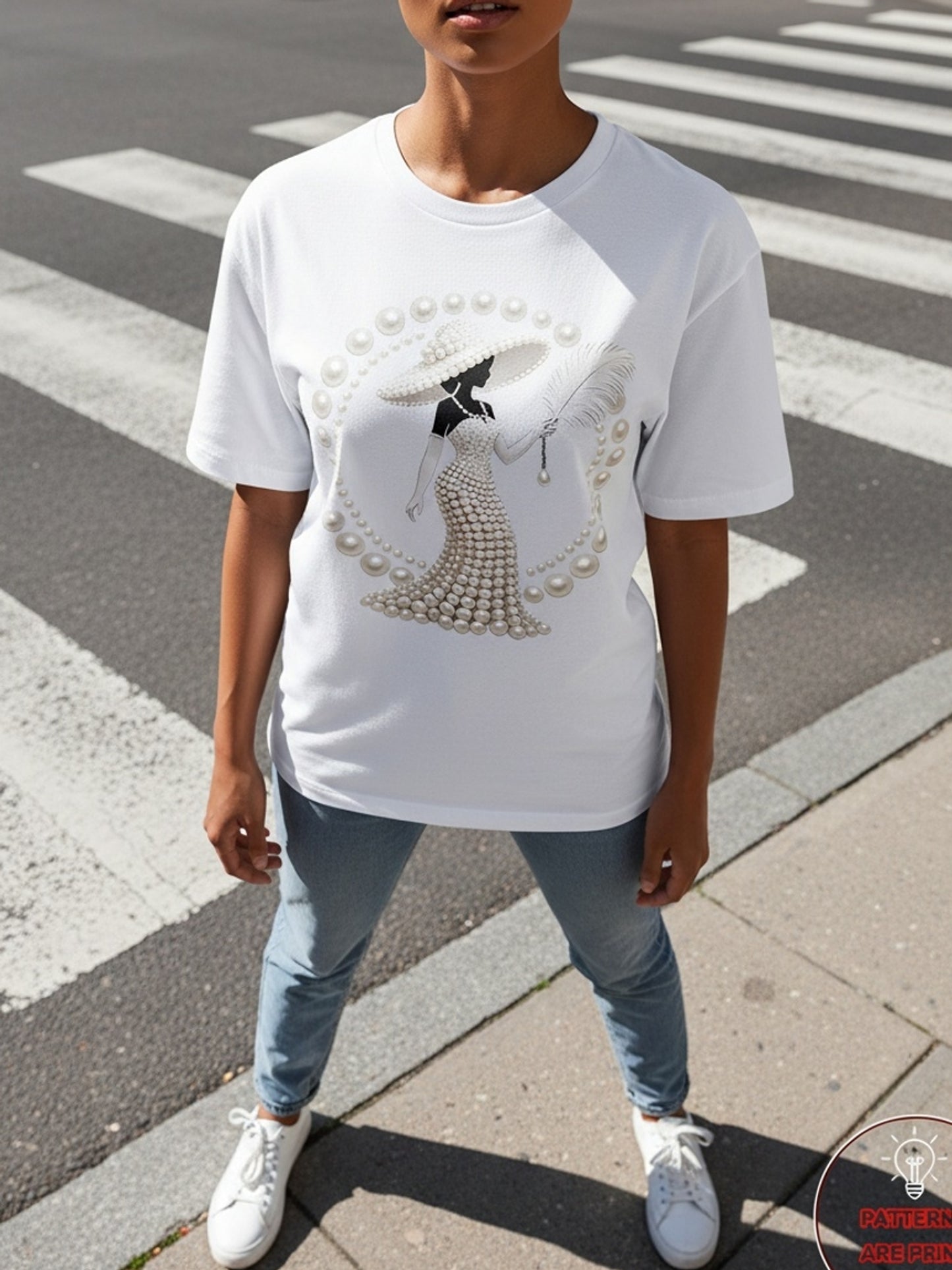Elegant Light Luxury High-end Temperament Style Wear! Women's Printed T-Shirt-Pearl Diamond Jewelry Women's Design | Light Luxury Gorgeous Daily | Soft and Breathable Upper Body Fabric, Spring and Summer Casual Round Neck Short-sleeved Top
