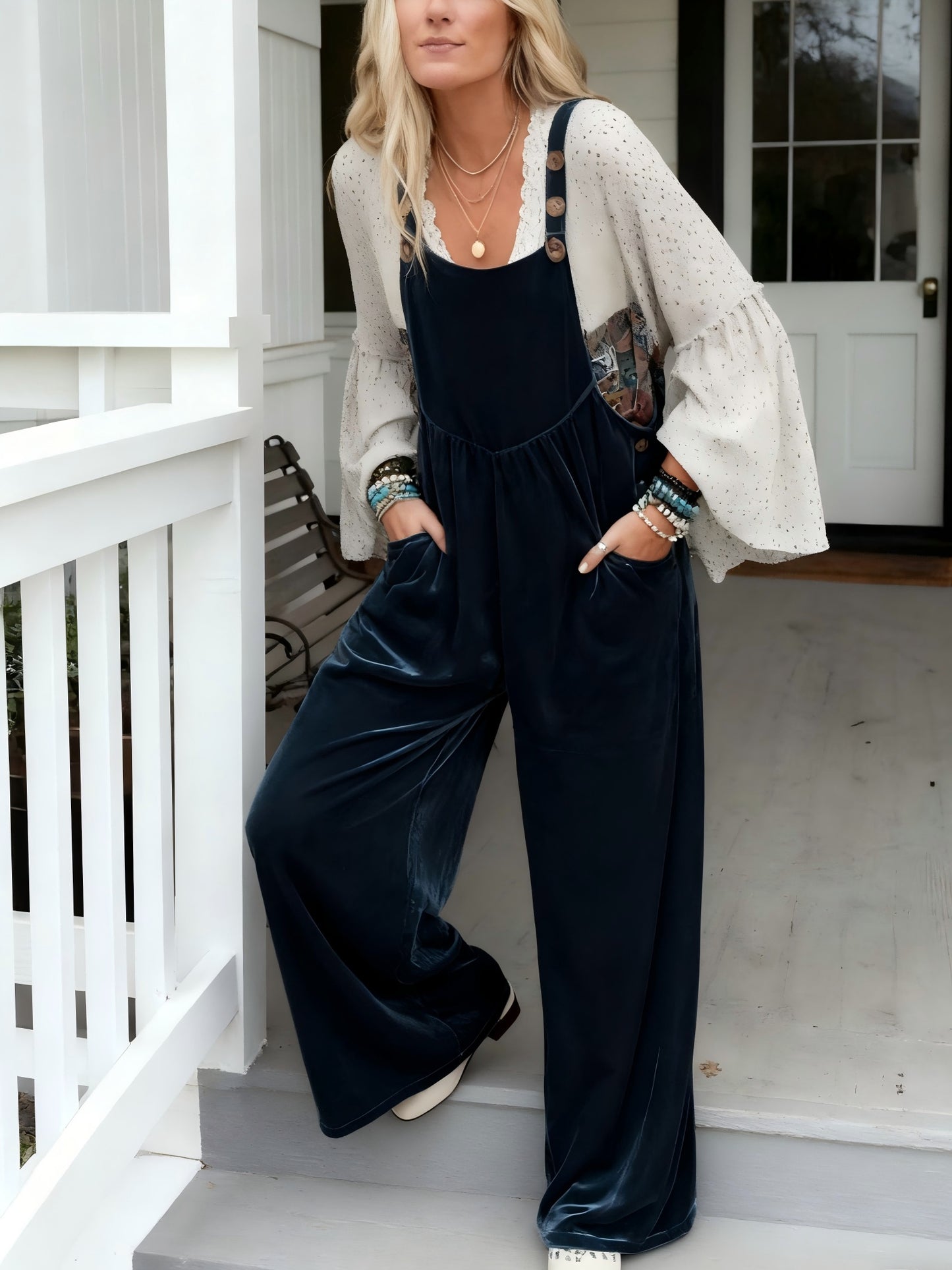 Four Seasons  Solid Velvet Overalls, Glossy Fabric Adjustable Buckle Wide Leg Pants Jumpsuit