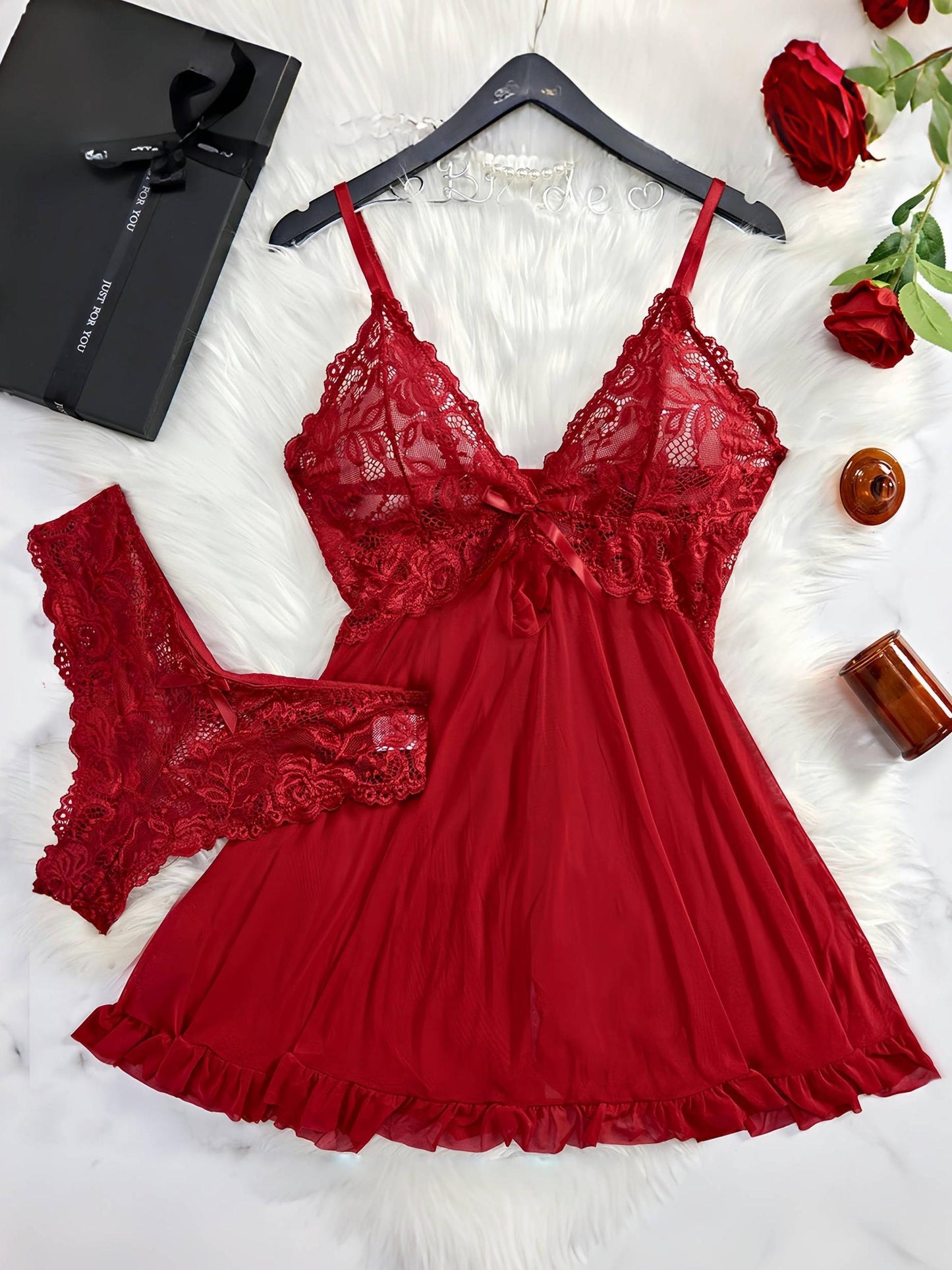 2pcs V-Neck Sexy Hot Contrast Lace Mesh Chemise Babydoll Naughty Lingerie Dress Set Nightwear Nightgown, All-Season Polyester Slip Dress Skimpy Clothes, Soft and Comfortable Sleepwear Intimate Apparel for Women, Christmas Gifts New Year Anniversay Dating