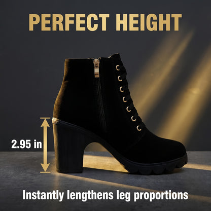 Women's Winter Warm Ankle Boots:Boots for Women Thick Sole & High Heel - Black PU Cover, Side Zipper with Lace-Up Detail, Plain Toe | Chic Everyday Booties | Faux Fur Lined | Rubber Sole, US Size:6.5-10.5, Women Shoes