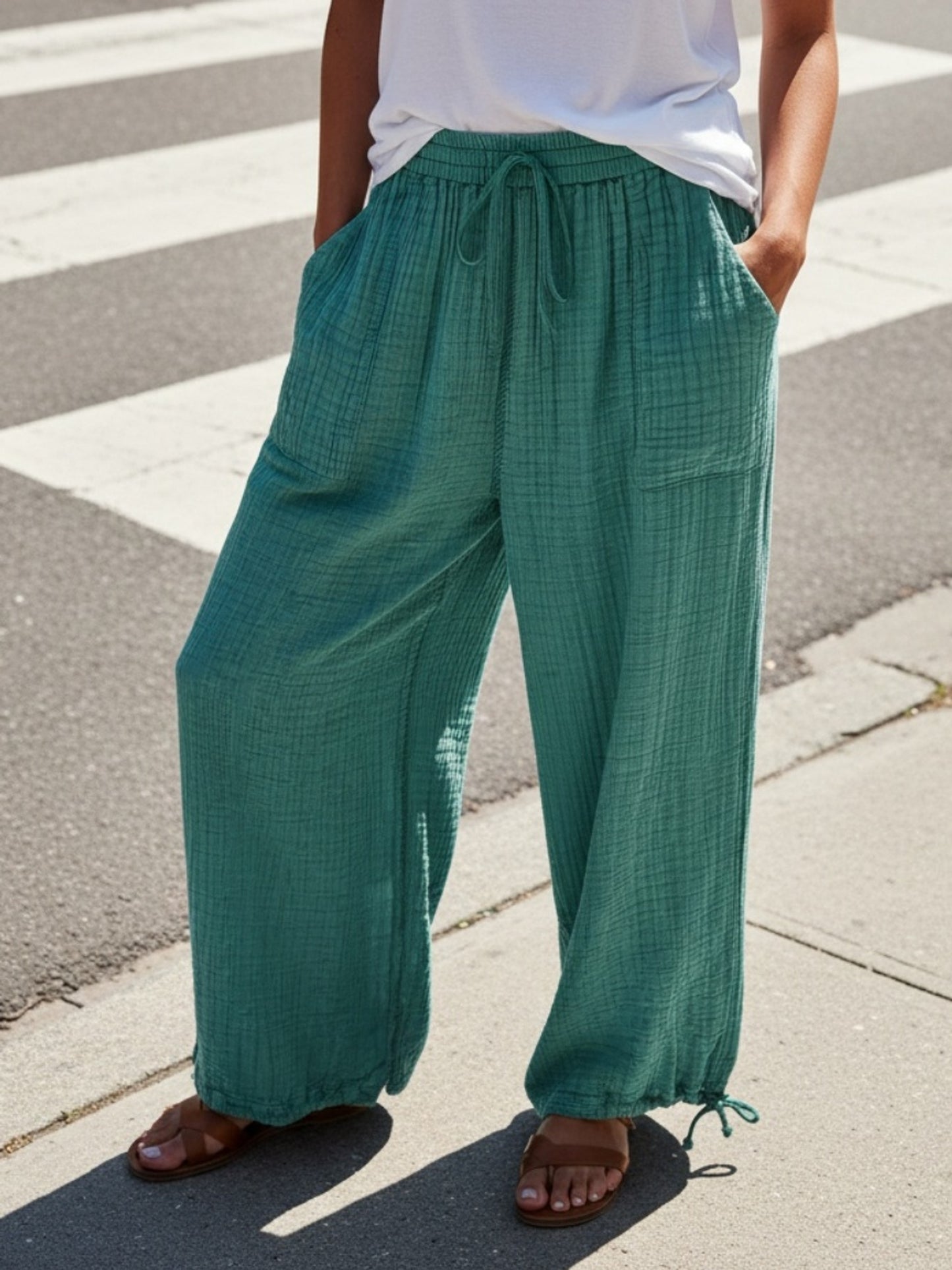 Spring And Summer Women's Casual Pants, Khaki, Pocket, Wide Leg, Tie, Loose, Daily Commuting Wide Leg Pants Womens Summer Clothes